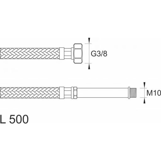 MINOTTI SBA Inox flexibilis bekötőcső 3/8" belső menet - M10 külső menet (hosszított szárral) 500 mm hossz