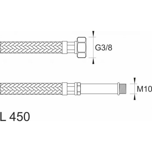 MINOTTI SBA Inox flexibilis bekötőcső 3/8" belső menet - M10 külső menet (hosszított szárral) 450 mm hossz