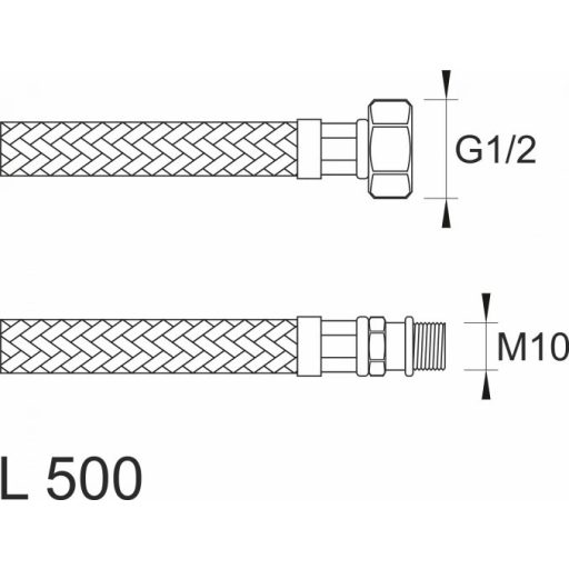 MINOTTI SBA Inox flexibilis bekötőcső 1/2" belső menet - M10 külső menet 500 mm hossz