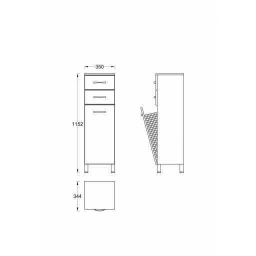 UNI 350 magas fürdőszoba szekrény – 35 cm, beépített szennyestartó kosárral, nedvességálló