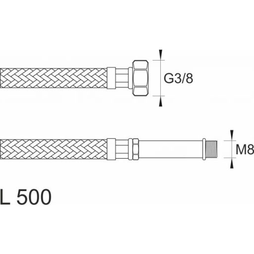 MINOTTI SBA Inox flexibilis bekötőcső 3/8" belső menet - M8 külső menet 500 mm hossz