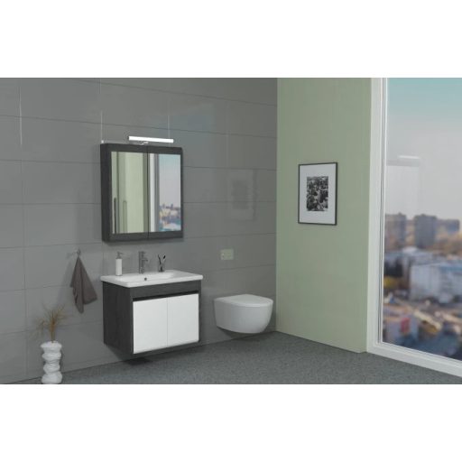 PinoArt Tera 65 Tükörszekrény – Sötétszürke Fa Textúra – LED Világítással – Nedvességálló, 65 cm