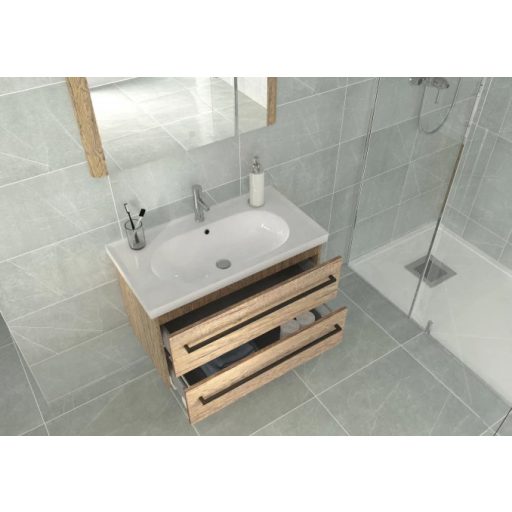 LineART PLAZA 70 cm Függesztett Mosdószekrény Kerámia Mosdóval – Rusztikus Antik Tölgy – Nedvességálló