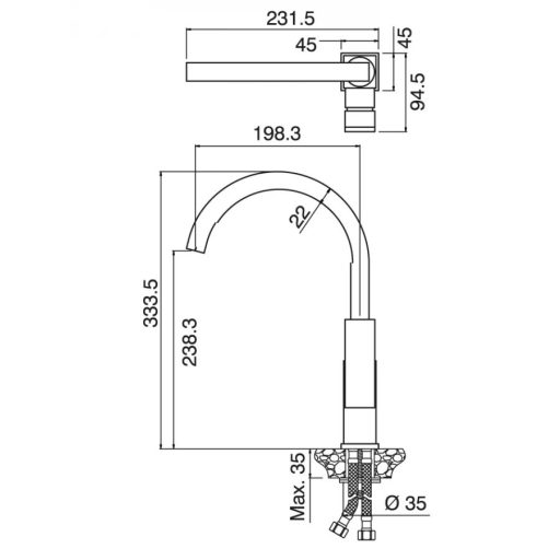 MINOTTI Quadra hattyúnyakú konyhai csaptelep, 333,5x198,3 mm, króm