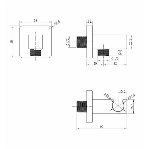 MINOTTI QUADRA NEW fali zuhanycsatlakozó és tartó – króm, 58x58x90 mm