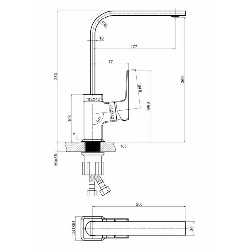 MINOTTI Quadra New alacsony nyomású modern hattyúnyakú mosogató csaptelep, 283x200 mm, matt fekete