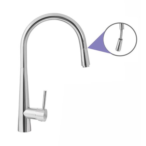 MINOTTI Prima hattyúnyakú mosogató csaptelep kihúzható zuhanyfejjel, 416x237 mm, króm