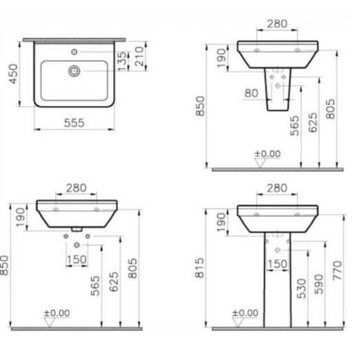 VitrA S50 szögletes fali mosdó, 55 cm, fehér (5309L003-0001)