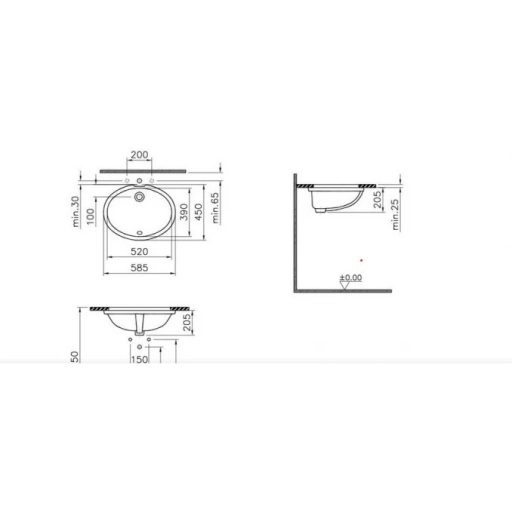VitrA S20 alulról beépíthető ovális mosdó, 585x450 mm, fehér (6069B003-0012)