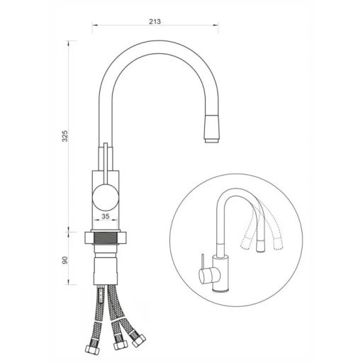 MINOTTI Tubo alacsony nyomású flexibilis mosogatócsaptelep, 325x213 mm, matt fekete