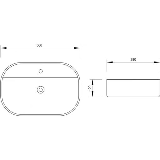 MINOTTI ovális pultra építhető mosdó csaptelep furattal, 500x380x120 mm, fehér (7032)