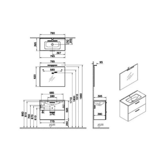 VitrA MIA Fényes Fehér fürdőszobai szett – 80 cm | Magasfényű, Nedvességálló
