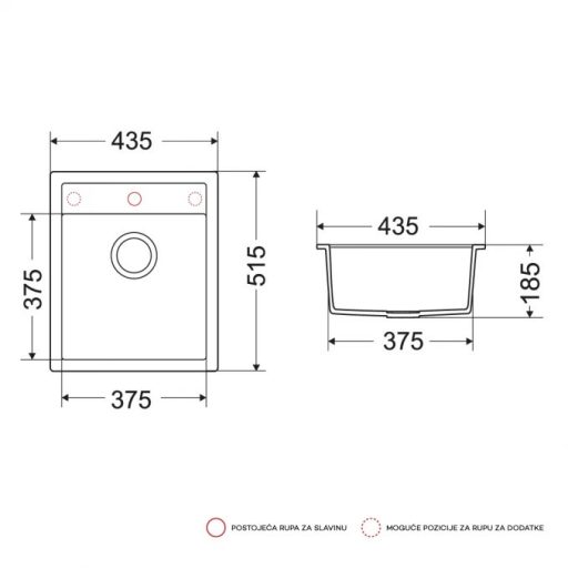 MILÓ ALPHA egymedencés gránit mosogató szifonnal, 435x515 mm, (Fekete)