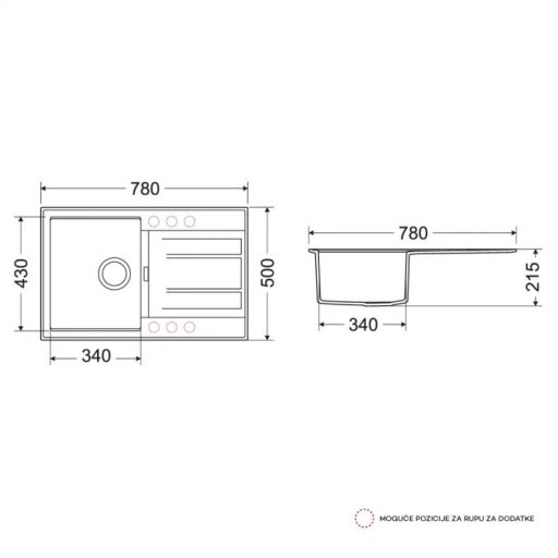 MILO AVANGARD egymedencés gránit mosogató nyomógombos szifonnal, 780x500 mm, (Fekete) 