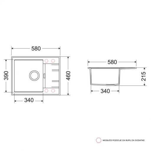 MILO AVANGARD egymedencés gránit mosogató csepptálcával és szifonnal, 580x460 mm, (Fekete) 