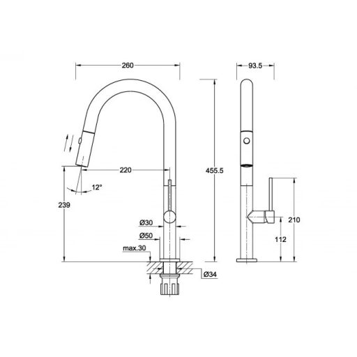 COPEN Salt konyhai csaptelep kihúzható zuhanyfejjel, 456x260 mm, matt fekete