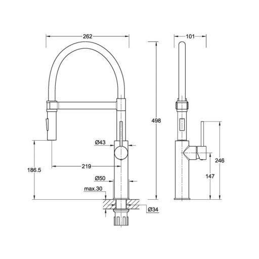 COPEN Pepper B félprofesszionális konyhai csaptelep, 498x219 mm, matt fekete