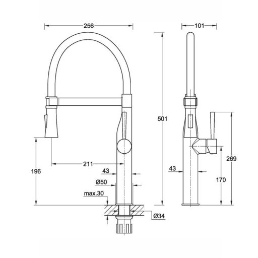 COPEN Pepper A félprofesszionális konyhai csaptelep, 501x256 mm, króm / matt fekete