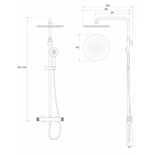 COPEN NOOK termosztátos zuhanyrendszer kádtöltővel, matt fekete, Ø250 mm