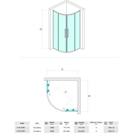 COPEN DEVON200 90x90 cm íves zuhanykabin – Vékony keret, 200 cm magasság, 6 mm edzett üveg