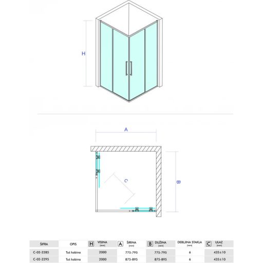 COPEN DEVON200 90x90 cm szögletes zuhanykabin – Vékony keret, 200 cm magasság, 6 mm üveg
