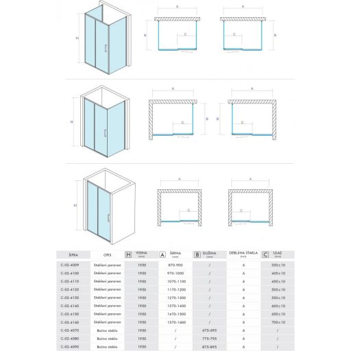 COPEN Atlas Tolóajtós Zuhanyajtó 1200x1950 mm Króm