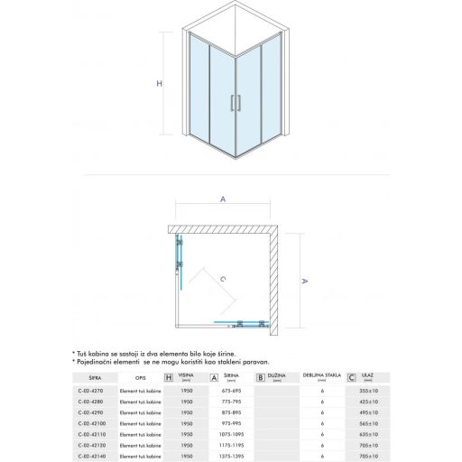 COPEN ATLAS ELEMENT zuhanykabin elem 90x195 cm, króm