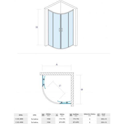 Copen Atlas íves zuhanykabin – Króm profil, 80x80x195 cm, 6 mm víztiszta üveg