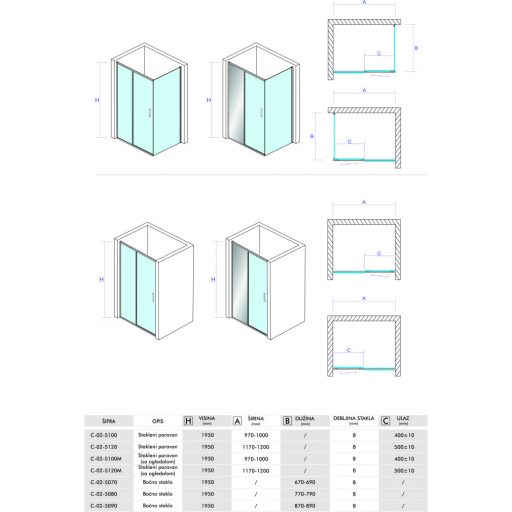 COPEN Titan Tolóajtós Zuhanyajtó 1200x1950 mm Króm, Tükörüveggel