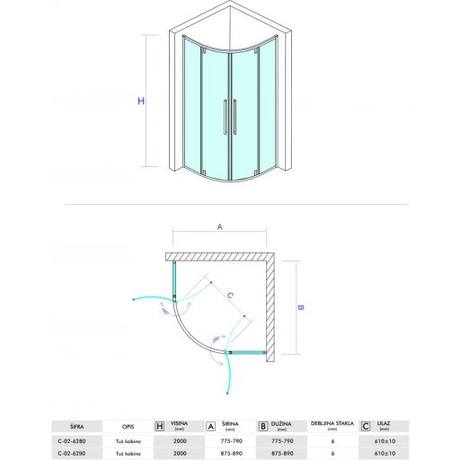 COPEN ABSOLUT 80x80 cm íves zuhanykabin – Pivot ajtó, 200 cm magasság, 6 mm edzett üveg