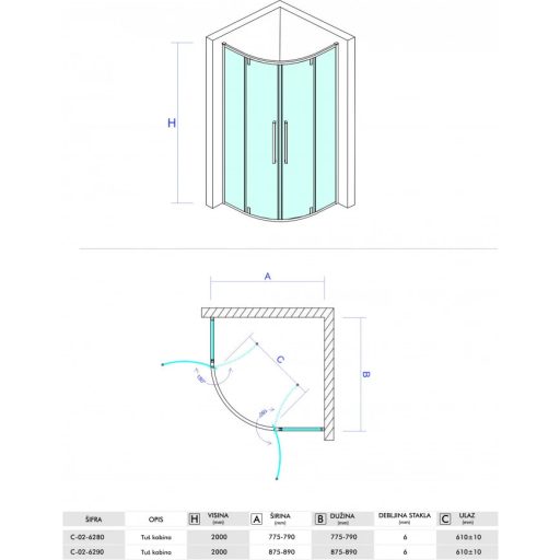COPEN ABSOLUT 90x90 cm íves zuhanykabin – Pivot ajtó, 200 cm magasság, 6 mm edzett üveg