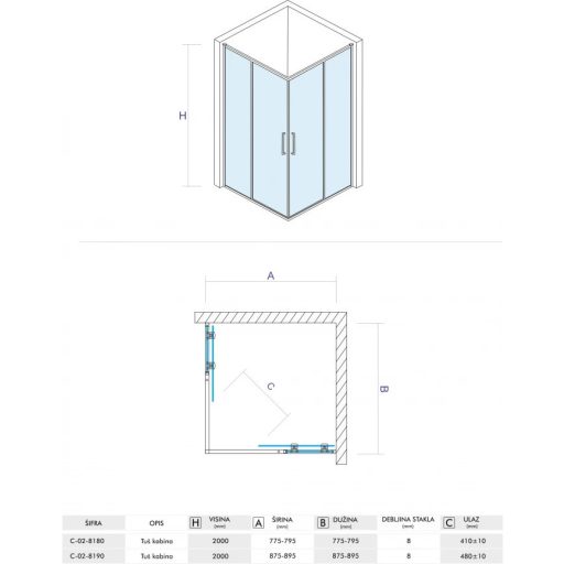 COPEN STAR 90x90 cm szögletes zuhanykabin – 8 mm extra vastag biztonsági üveg, 200 cm magasság