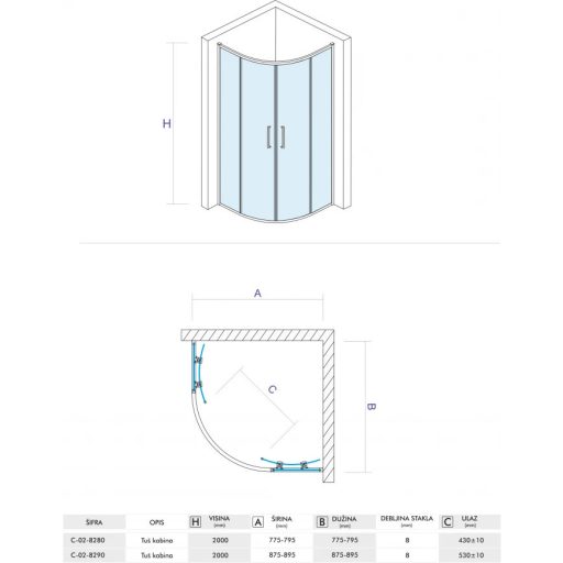 COPEN STAR 80x80 cm íves zuhanykabin – 8 mm extra vastag biztonsági üveg, 200 cm magasság