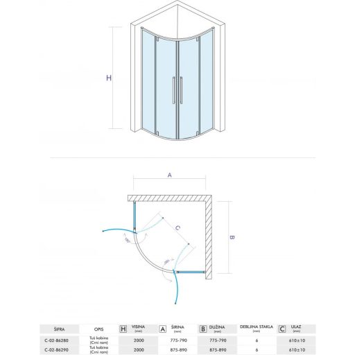COPEN ABSOLUT BLACK 90x90 cm íves zuhanykabin – Matt fekete keret, sötétített üveg, pivot ajtó
