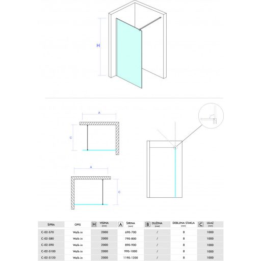 COPEN MONTE Walk-in zuhanyfal 700x2000 mm, króm