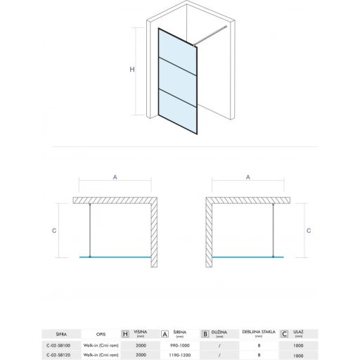 COPEN MONTE DARK Walk-in zuhanyfal 1000x2000 mm – Matt fekete – Füstös üveg