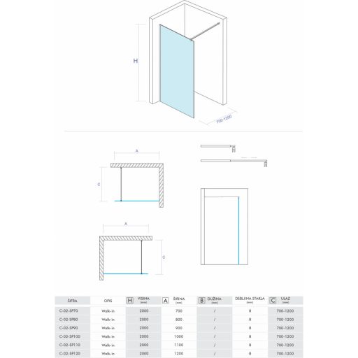 COPEN Project walk-in zuhanyfal, 700x2000 mm, króm