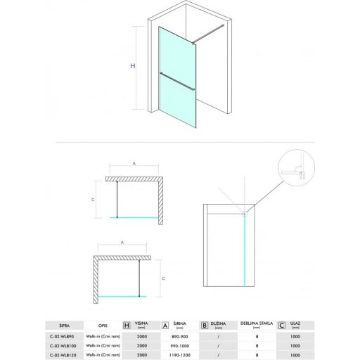 COPEN MONTE PLUS Walk-in zuhanyfal 800x2000 mm – Matt fekete