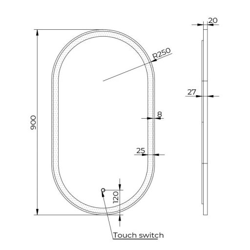 COPEN Ovális LED fürdőszobai tükör fekete alumínium kerettel – 50x90 cm