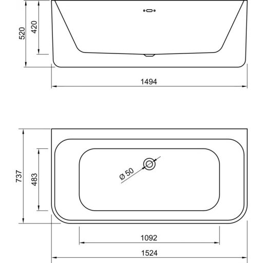 Copen Grace falhoz tolható szabadon álló akril kád – 1524x737x520 mm, fényes fehér