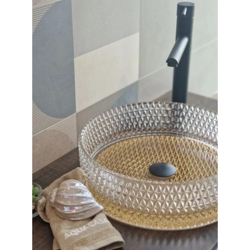 COPEN arany aljú áttetsző (mintás) kerek, pultra ültethető üveg mosdótál, 420x420x145 mm