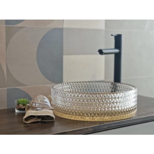 COPEN arany aljú áttetsző (mintás) kerek, pultra ültethető üveg mosdótál, 420x420x145 mm