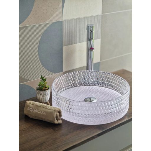 COPEN fehér aljú áttetsző (mintás) kerek, pultra ültethető üveg mosdótál, 400x125 mm