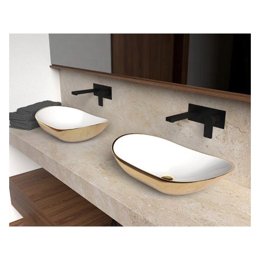 COPEN arany-fehér lekerekített téglalap alakú, pultra ültethető kerámia mosdótál, 615x360x155 mm