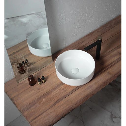 COPEN matt fehér kerek, pultra ültethető kerámia mosdótál, 410x410x120 mm