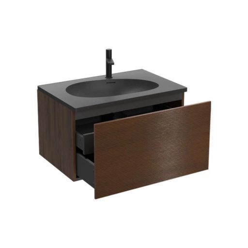LineART Piedra 60 cm Függesztett Mosdószekrény Fekete Mosdóval – Sötét Dió – Nedvességálló