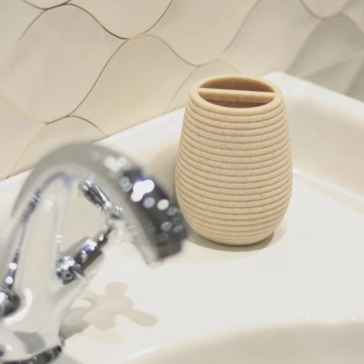 Minotti bordázott kerámia fogkefetartó pohár, bézs, pultra helyezhető