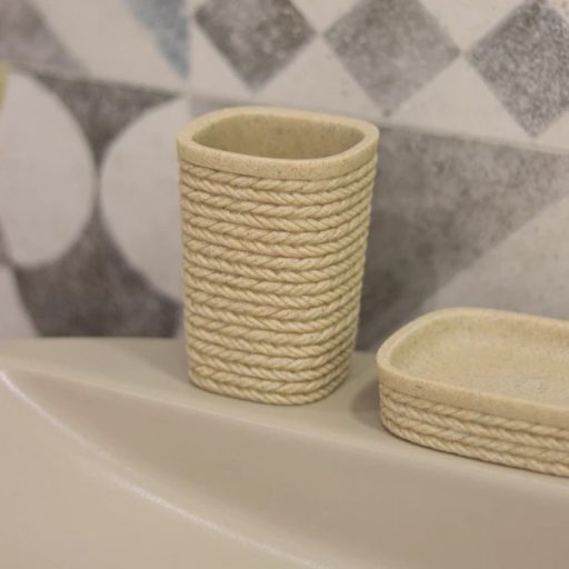 Minotti kötött mintás kerámia fogkefetartó pohár, homokszín