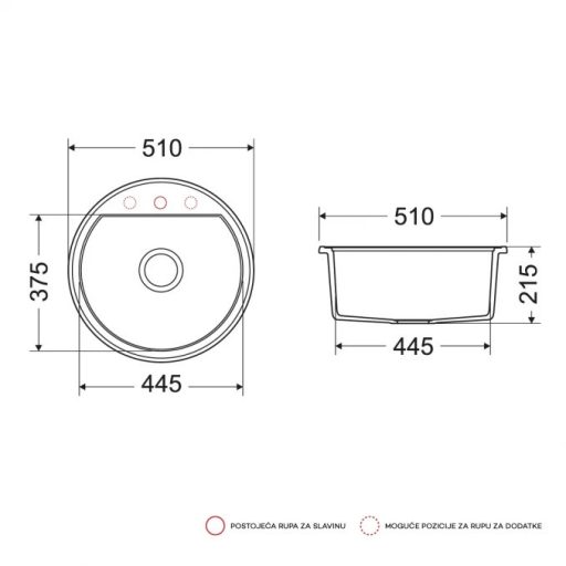 MILO ESSENCE kerek gránit mosogató szifonnal, Ø 51 cm, Diamond Grey (Szürke)