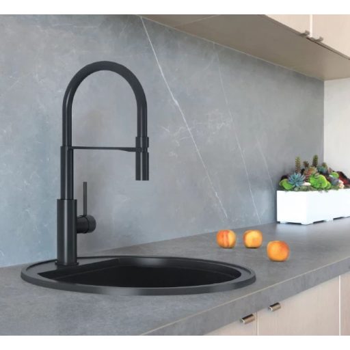 MILO ESSENCE kerek gránit mosogató szifonnal, Ø 51 cm, Lava Stone (Fekete)